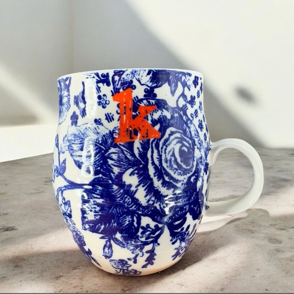 Anthropologie “K” Blue and White Floral Mug